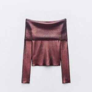 Zara Red Foil Knit Off Shoulder Top
